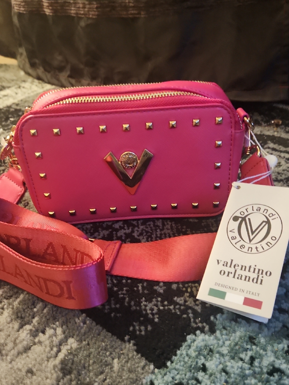 Valentino Orlandi Fuchsia Studded Crossbody with Gold V Logo